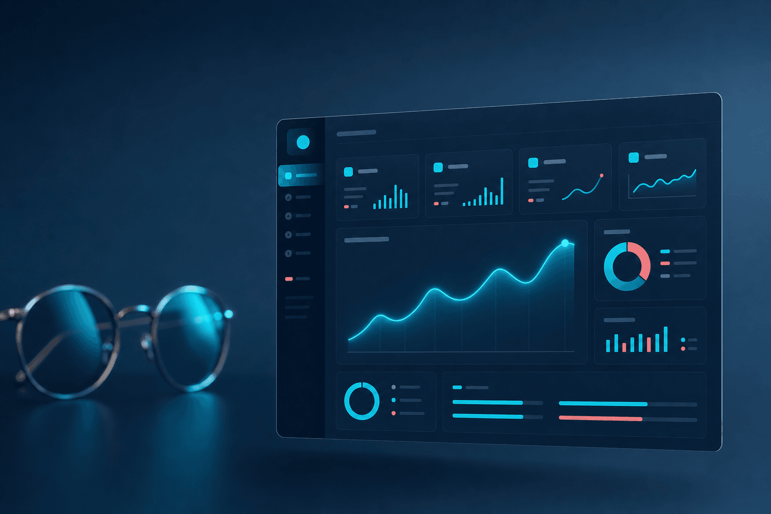 Dashboard do Vivio com indicadores da ótica e um par de óculos sobre o balcão